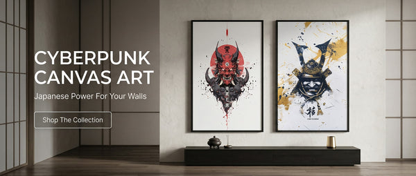 Two cyberpunk-themed canvas art prints on a wall with promotional text.