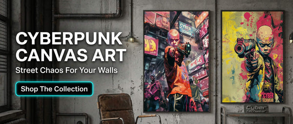Two cyberpunk-themed canvas art prints on a wall with promotional text.