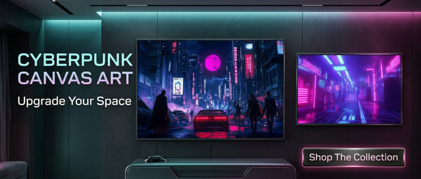 Two digital displays showing cyberpunk-themed artwork with promotional text on a dark background.