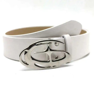 White belt with a silver buckle on a white background