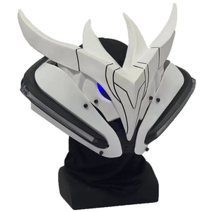 White helmet with large horns on a black stand against a white background