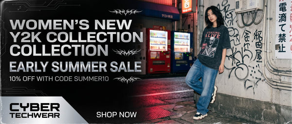 Woman standing against a wall with a promotional banner for Cyber Techwear's Y2K collection sale.