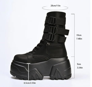 Black combat boot with measurements on a white background