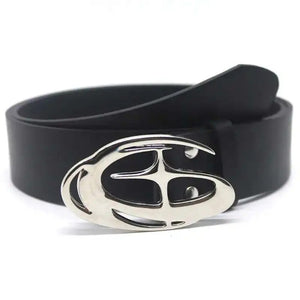 Black belt with a silver emblem on a white background