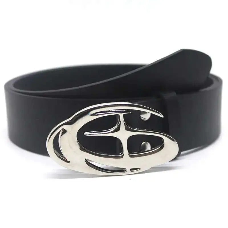 Black belt with a silver emblem on a white background