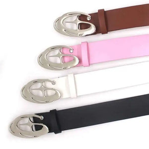Three belts with silver buckles in brown, pink, and black on a white background