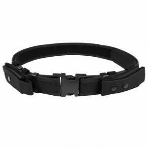 Adjustable Black Cargo Vest removable belt with quick-release buckle, shown in three close-ups