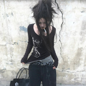 Aesthetics Button Tops Black Y2k