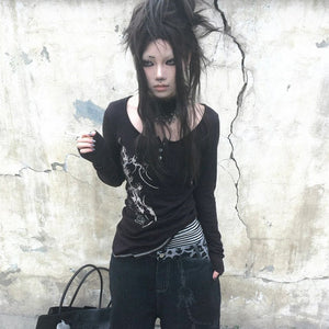 Aesthetics Button Tops Black Y2k