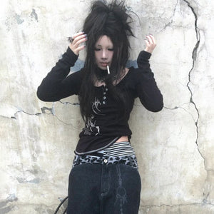 Aesthetics Button Tops Black Y2k