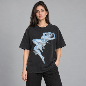 AI Robot Graphic Y2K T Shirt – worn by a woman
