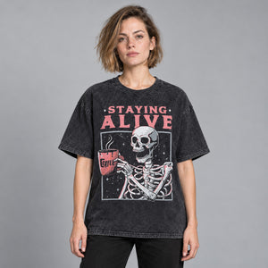 Alive Skull Skeleton Graphic Y2K Tees – worn by a woman