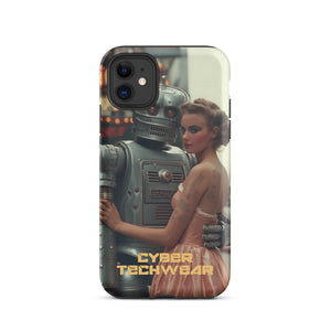 Alluring Retro Robot iPhone Case for iPhone 11, back view of the retro robot and woman in a peach dress print