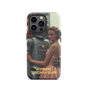 Alluring Retro Robot iPhone Case for iPhone 13 Pro, back view of the retro robot and woman in a peach dress print