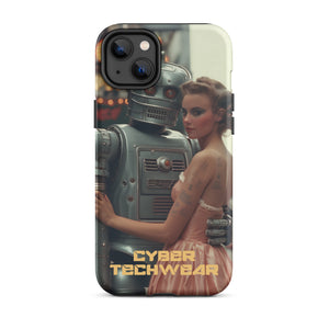 Alluring Retro Robot iPhone Case for iPhone 14 Plus, back view of the retro robot and woman in a peach dress print