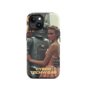 Alluring Retro Robot iPhone Case for iPhone 15, back view of the retro robot and woman in a peach dress print