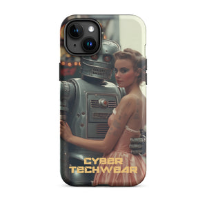 Alluring Retro Robot iPhone Case for iPhone 15 Plus, back view of the retro robot and woman in a peach dress print