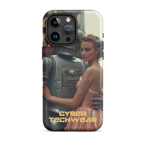 Alluring Retro Robot iPhone Case for iPhone 15 Pro Max, back view of the retro robot and woman in a peach dress print