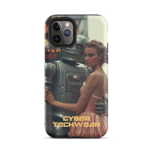 Alluring Retro Robot iPhone Case for iPhone 11 Pro, back view of the retro robot and woman in a peach dress print