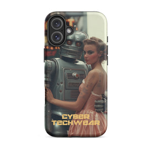Alluring Retro Robot iPhone Case for iPhone 16 Plus, back view of the retro robot and woman in a peach dress print