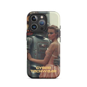 Alluring Retro Robot iPhone Case for iPhone 16 Pro, back view of the retro robot and woman in a peach dress print