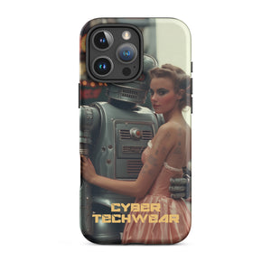 Alluring Retro Robot iPhone Case for iPhone 16 Pro Max, back view of the retro robot and woman in a peach dress print