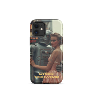 Alluring Retro Robot iPhone Case for iPhone 12 mini, back view of the retro robot and woman in a peach dress print