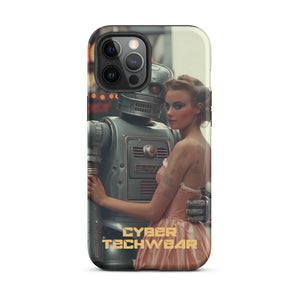 Alluring Retro Robot iPhone Case for iPhone 12 Pro Max, back view of the retro robot and woman in a peach dress print