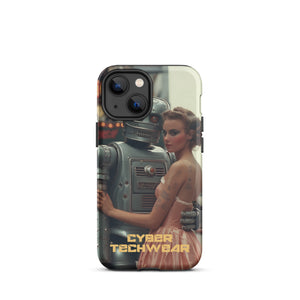 Alluring Retro Robot iPhone Case for iPhone 13 mini, back view of the retro robot and woman in a peach dress print
