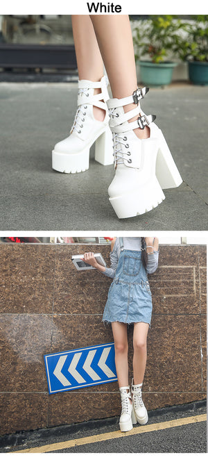 Ankle Buckle Strap White Platform Boots Women