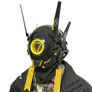 Black and yellow cyberpunk commander helmet with antenna blades