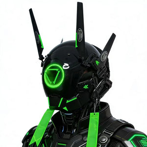 Black and yellow cyberpunk commander helmet with antenna blades