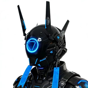Black and yellow cyberpunk commander helmet with antenna blades