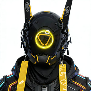Black and yellow cyberpunk commander helmet with antenna blades