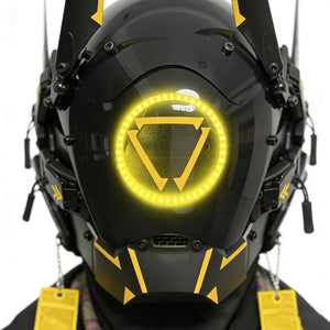 Black and yellow cyberpunk commander helmet with antenna blades