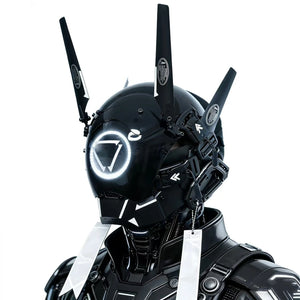 Black and yellow cyberpunk commander helmet with antenna blades
