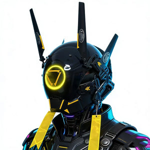 Black and yellow cyberpunk commander helmet with antenna blades