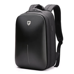 Black backpack with a moulded armoured shell front and a top grab handle