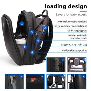 Black backpack with a moulded armoured shell front and a top grab handle