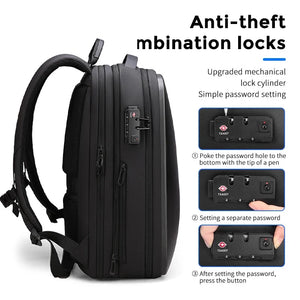 Black backpack with a moulded armoured shell front and a top grab handle