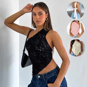 Asymmetric Lace Y2K Top in black worn with jeans, three small views in white, pink and apricot inset