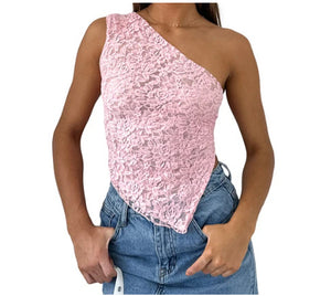 Asymmetric Lace Y2K Top in pink, close front view of the one-shoulder cut and pointed hem