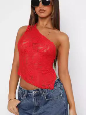 Asymmetric Lace Y2K Top in red, sheer one-shoulder lace worn with jeans and dark sunglasses