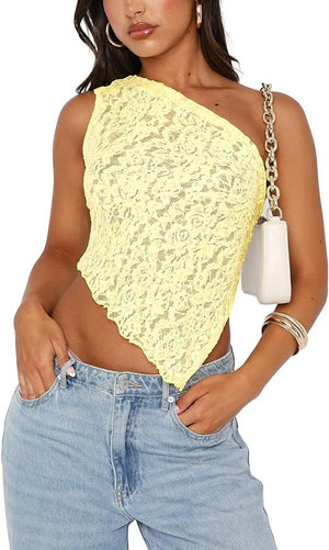 Asymmetric Lace Y2K Top in yellow, front view with a chain shoulder bag and light jeans