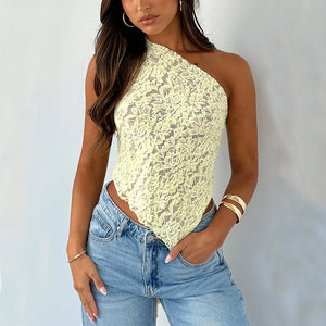 Asymmetric Lace Y2K Top in apricot, front view of the pointed asymmetric hem over light jeans