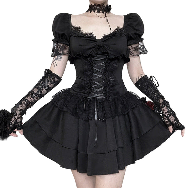 Babydoll Goth Dress – Lace-Up Corset, Puff Sleeves, Dark – Cyber Techwear