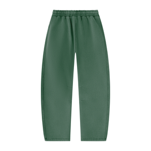Dark Green barrel leg sweatpants laid flat from the back, faded wash and curved loose legs