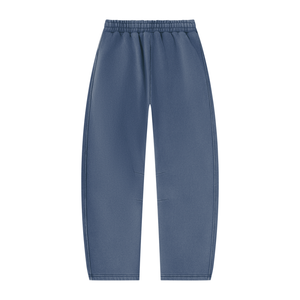 Washed Blue sweatpants laid flat from the back, showing the curved barrel leg and elastic waistband