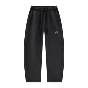 Black Baggy Barrel Leg Sweatpants laid flat, front view with drawstring, side pocket and small logo