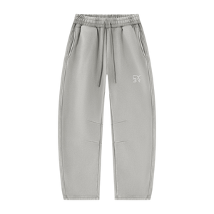 Light Gray barrel leg sweatpants laid flat, front view with drawstring, knee pleats and tonal logo